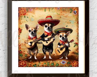 メキシコのチワワの野良犬の油絵、メキシコの小さな町のポスターまたは