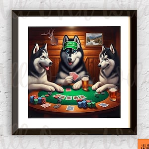 Póster de póker de husky siberiano, impresión de perros jugando al póker, arte mural de husky, regalo de jugador de póker, decoración de sala de juegos, obra de arte de husky siberiano, juego de cartas