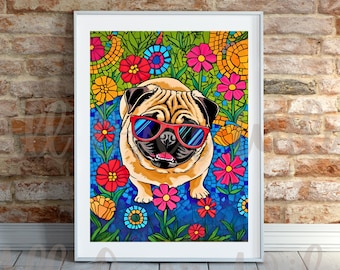 Mopshond kunst aan de muur, kleurrijke bloemen pug print, mopshond cadeau moeder, grillige hond poster, schattig huisdier decor, hondenliefhebber kunst