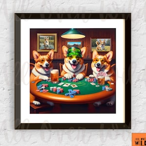 Zabawny plakat Corgi Poker, wydruk psów grających w pokera, prezent dla miłośnika Corgi, wystrój pokoju gier, prezent na noc pokera, prezent dla taty Corgi, prezent dla mamy Corgi