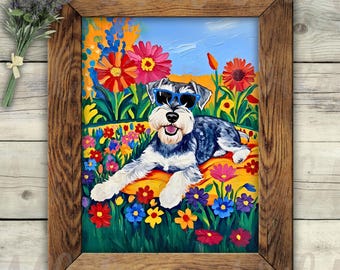 Schnauzer Wall Art, Mini Schnauzer Floral Print, Schnauzer Mom Gift, Colorful Dog Poster, Whimsical Pet Decor, Dog Lover Art
