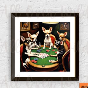 Poster Chihuahuas jouant au poker, chiens rigolos à jouer aux cartes, décoration de nuit de poker, art mural chihuahua, décoration d'intérieur chihuahua, cadeau pour papa maman chi