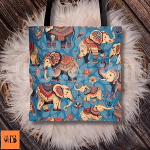 Elephant Tote, Indian Elephant Canvas Bag, Animal Print Travel Bag, Elephant Lover Gift, Wildlife Admirer, Elephant Theme, Retro Safari Tote