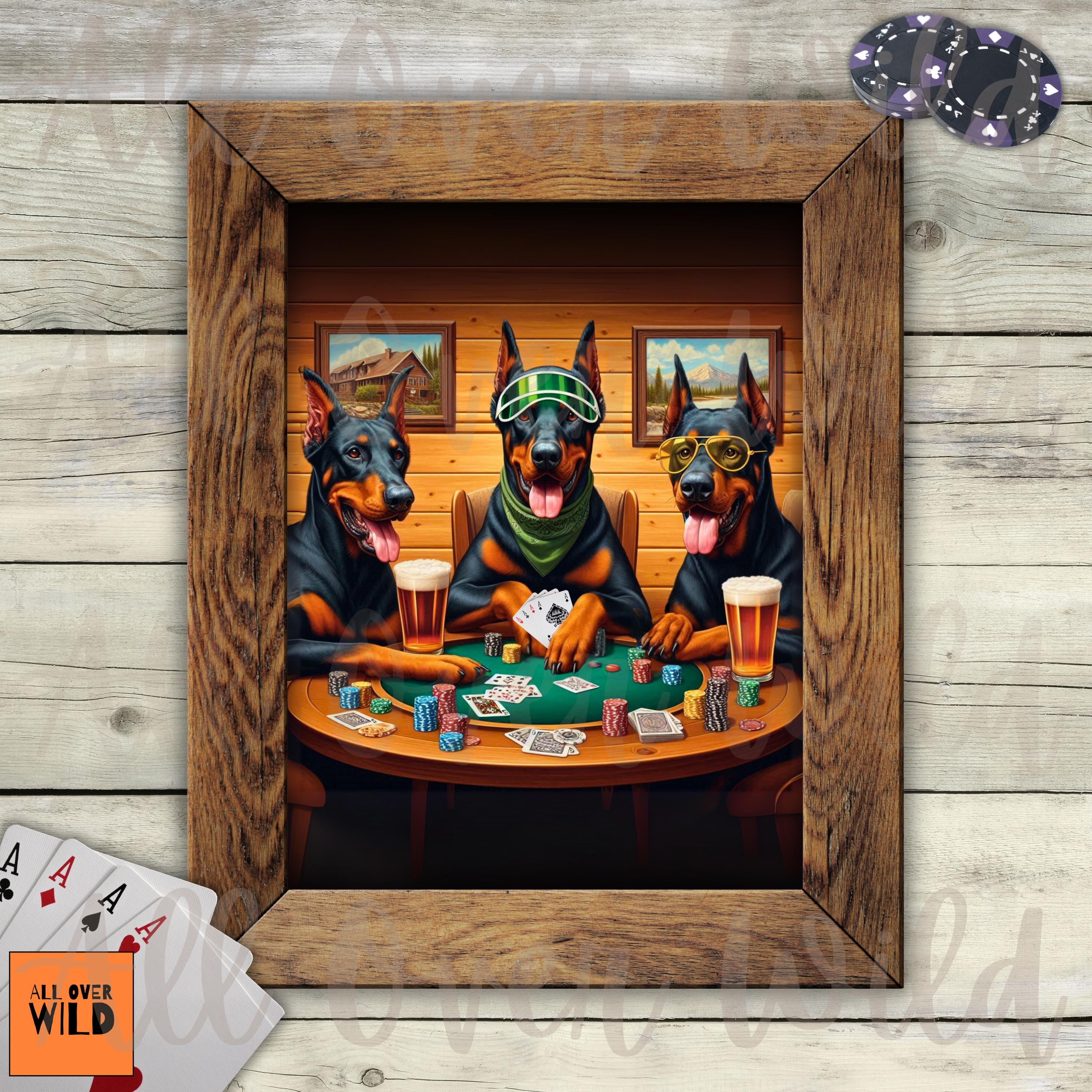 Doberman Poker Art Print: Funny Dogs Playing Cards, Game Room Decor