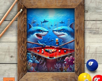 May include: A framed print featuring two cartoon sharks playing pool underwater. The sharks, with blue bodies and white bellies, hold pool cues and a beer. The pool table is red, and the scene includes coral and fish. The frame is made of wood.
