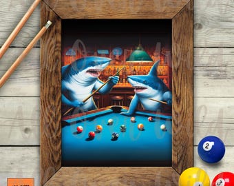 May include: A framed print depicts two cartoon sharks playing pool in a bar. The sharks are blue and white, holding pool cues over a blue pool table with colorful balls. The bar has a green lamp and bottles on shelves. The frame is made of wood.