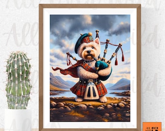 Westie Bagpipes Poster, West Highland Terrier Print, Westie Dog in Kilt Wall Art, Westie Lover Gift, Scottish Dad Mom Gift, Scottish Decor