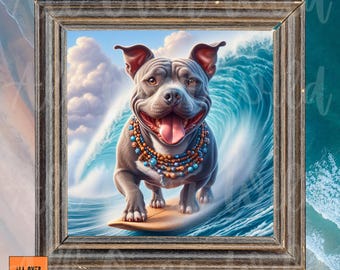 Surfing Pit Bull Wall Art, Pit Bull Beach Decor, Funny Pittie Print, Coastal Dog Artwork, Pibble Gift, Surf Dog Wall Decor