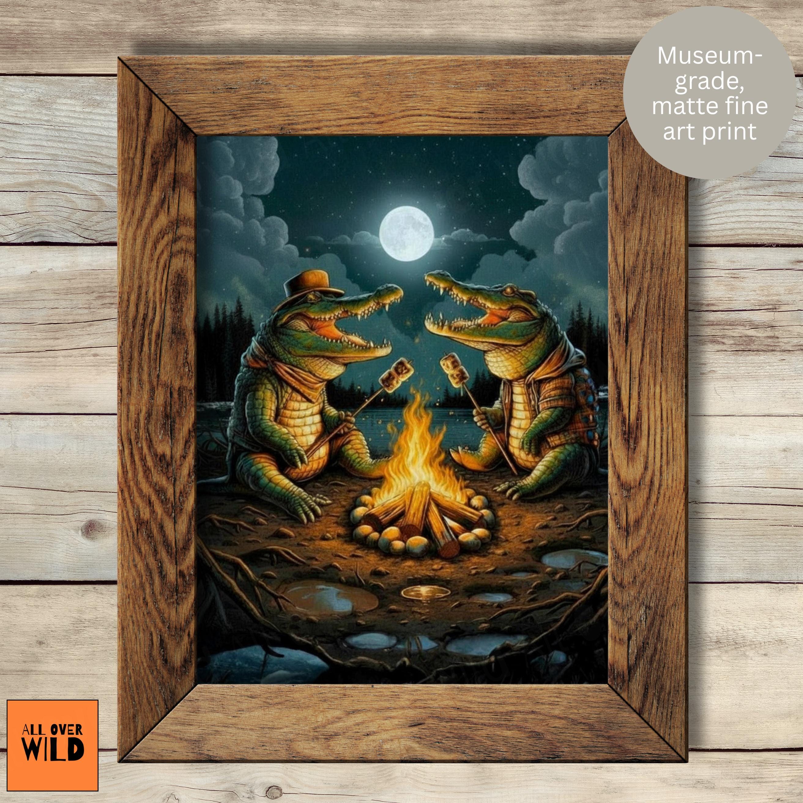 Alligator Campfire Print, Gator Camping Wall Art, Funny Swamp
