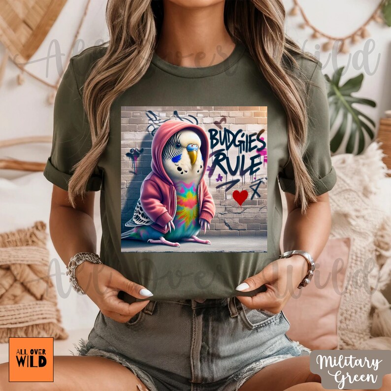 Papagei Shirt, lustiges Sittich T-Shirt, Wellensittich Geschenk, Vogel Mama Shirt, Haustier Vogel Liebhaber Geschenk, Graffiti Vogel Shirt, Vogel Nerd Tee Bild 4