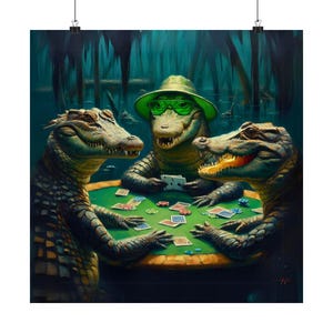 Póster de póker de caimán, estampado divertido de caimán, decoración de cocodrilo para el hogar, arte mural original para sala de juegos, regalo para amantes de los caimanes, arte de la vida en el pantano, imagen de Bayou