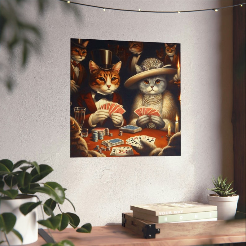 Poker Cats Poster, Square Eco-friendly Art, Roaring 20s Artwork, Silly ...