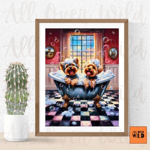 Yorkshire Terrier Art Print, Bubble Bath Yorkies Poster, Dog Wall Decor, Yorkie Lover Gift, Vintage Dog Bathroom Artwork, Gift for Dog Mom