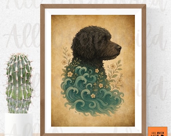 Portuguese Water Dog Wall Art, PWD Boho Print, Portie Dog Gift, Curly Water Dog Decor, Floral Dog Poster, PWD Mom Gift