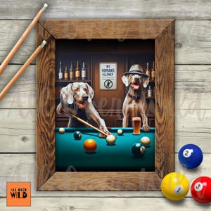 Weimaraner kunst aan de muur, grijze spookhond print, poster Weim pub, hond speelt pooldecor, biljart game room kunst cadeau