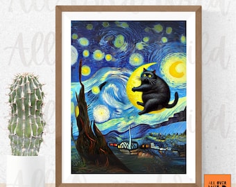 Starry Night Cat Art Print, Funny Cat Wall Decor, Van Gogh Parody Poster, Gift for Cat Lover