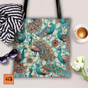 Peacock Floral Tote Bag, Retro Whimsical Canvas Bag, Colorful Bird Art Tote, Aesthetic Gift for Her, Market Beach Bag, Nature Lover Gift