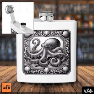 Octopus Hip Flask, Polar Camel Stainless Steel 6 oz Flask, Octopus Whiskey Flask, Ocean Theme Pocket Flask, Octopus Gifts, Nautical Design