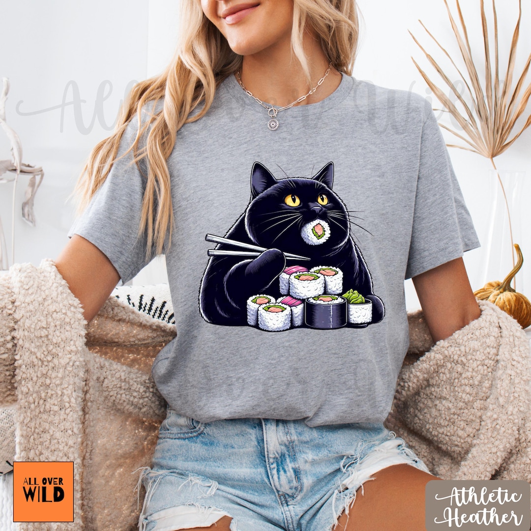 Japanese Cat Shirt, Kawaii Cat Eating Sushi Tee, Foodie Cat