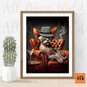Decoración de pared con diseño de gato Devon Rex, lámina de gato rizado con martini, póster de gato duende, decoración para bares de puros, regalo para amantes de los gatos.