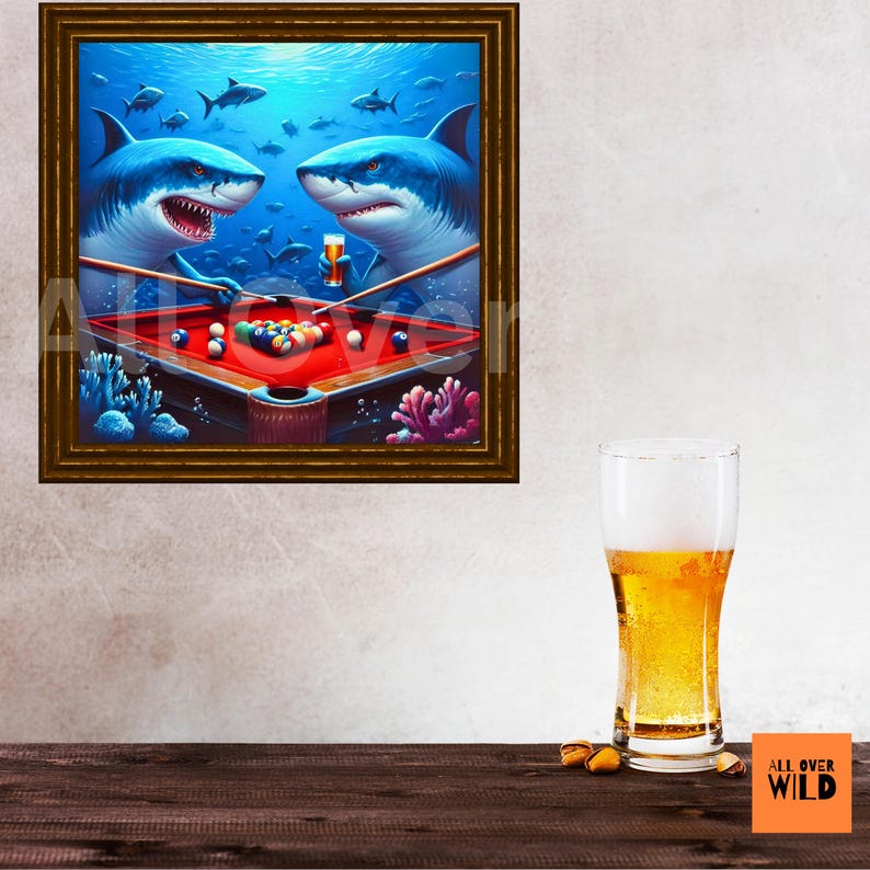 Pool Shark Poster, Great White Playing Billiards Print, Funny Game Room