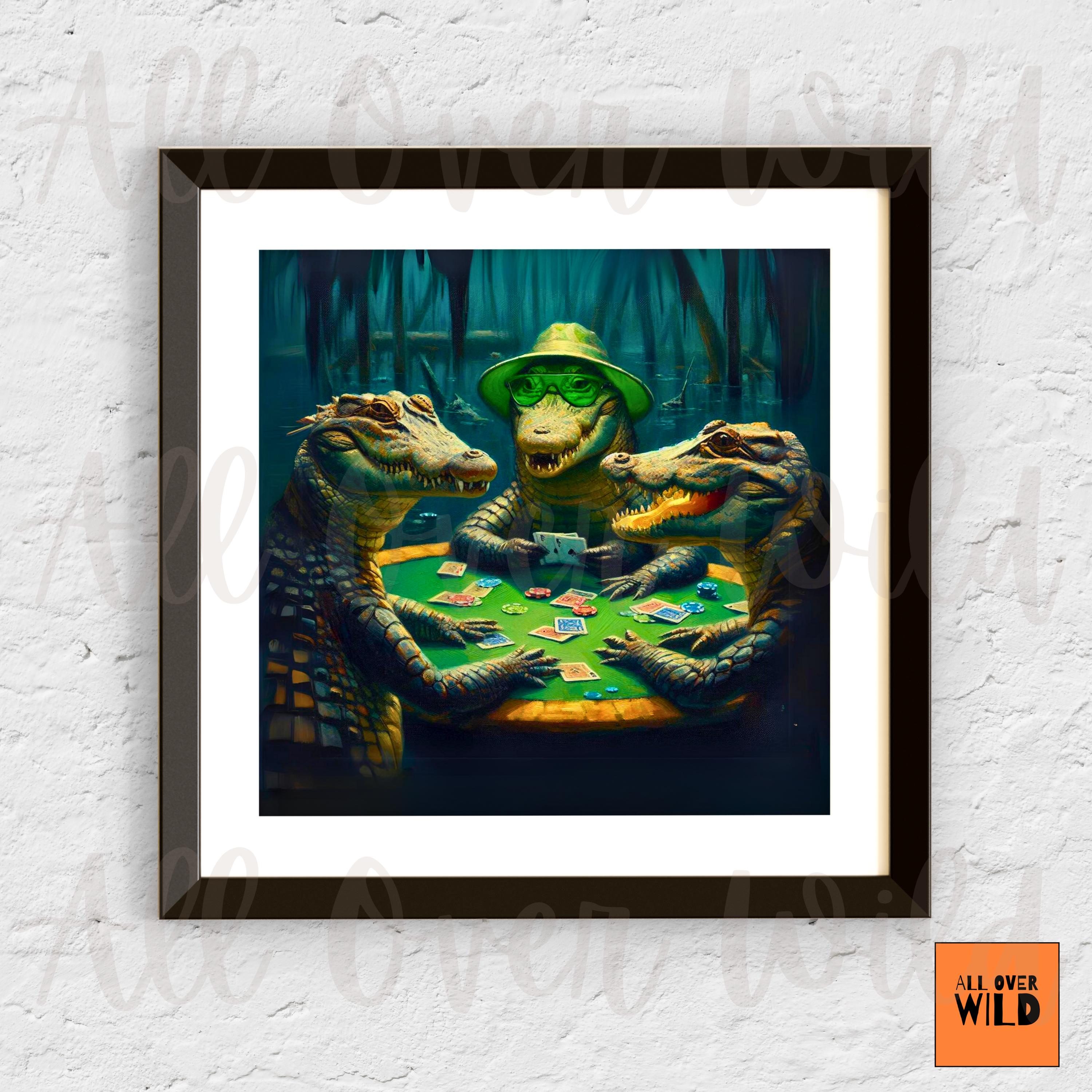 Alligator Poker Art Print, Funny Gator Wall Decor, Southern Bayou