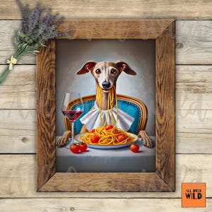 Italian Greyhound Pasta Art, Funny Whippet Dining Print, Wine & Spaghetti Dog Wall Decor, Whimsical Dog Kitchen Art for Pet Lovers, Iggy Dog