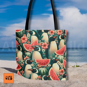 Penguin Tote Bag, Watermelon Floral Canvas Bag, Penguin Lover Gift, Penguin Travel Tote, Cottagecore Design, Nature Lover Gift, Seabird Tote