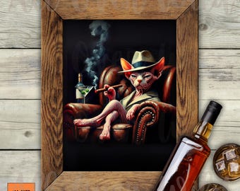 Arte de parede com gato Sphynx, estampa de gato sem pelos, pôster de gatinho espacial Martini, decoração para bar em casa, presente para amante de Sphynx, arte divertida de gato