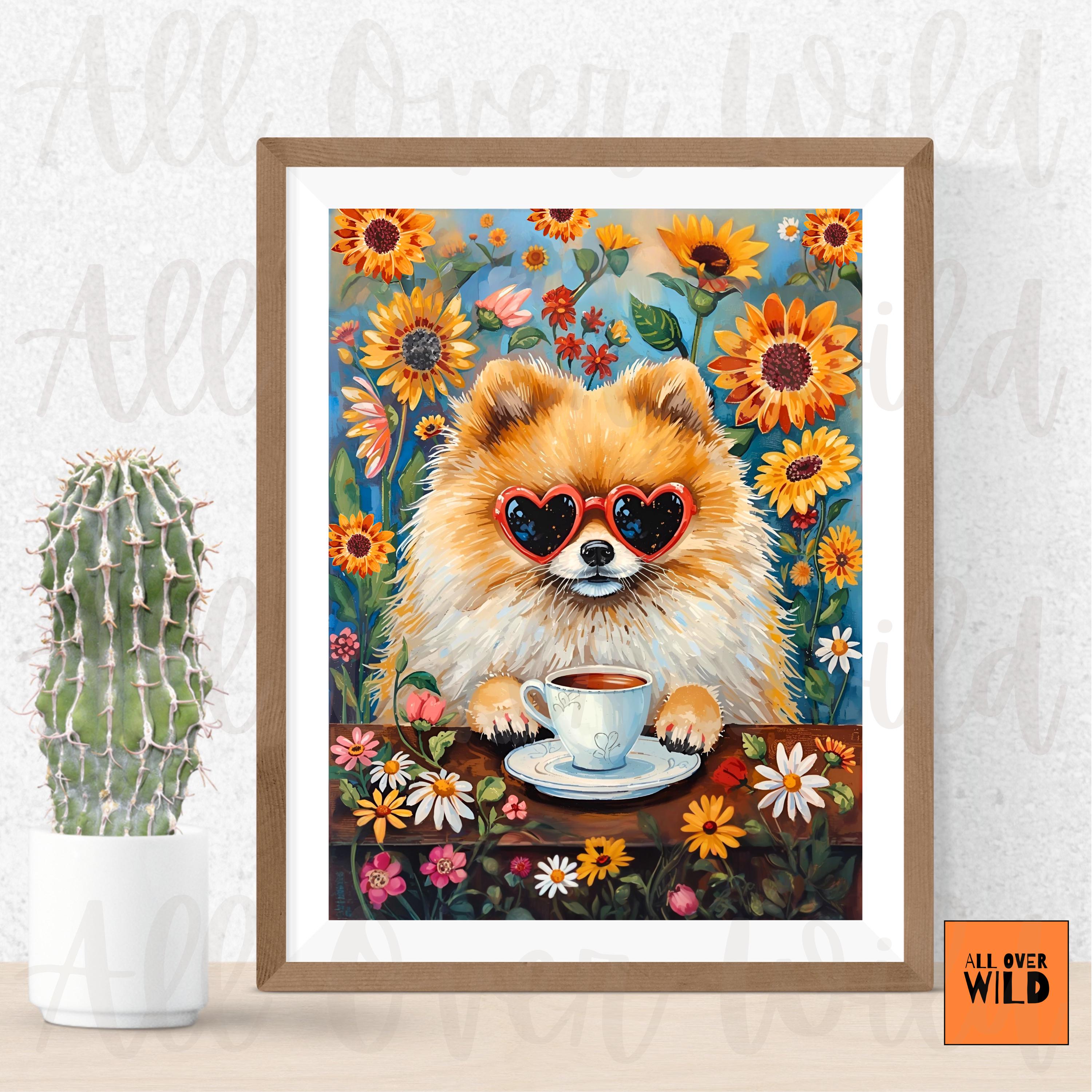 気まぐれなポメラニアンアートプリント、かわいいポミーコーヒーの壁