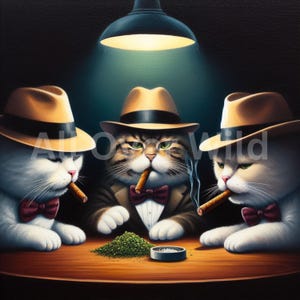 Kattenkruidkartelposter, kattenmaffia print, gangster decor, gangster katten kunst, eigenzinnige kattenbar decor, kattenliefhebber cadeau, kattenkunst aan de muur, cadeau voor stoner