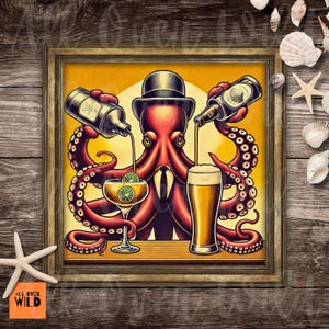 Octopus Bartender Art Print, Vintage Nautical Cocktail Poster, Funny Ocean Theme Bar Wall Decor