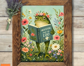 Funny Bathroom Wall Art, Frog Reading Poster, Meditations From the Loo Print, Whimsical Toilet Decor, Cottagecore Frog Gift, Book Lover Art