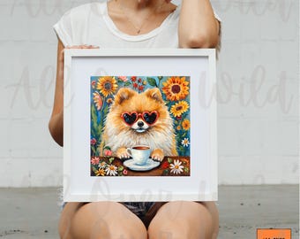 気まぐれなポメラニアンアートプリント、かわいいポミーコーヒーの壁