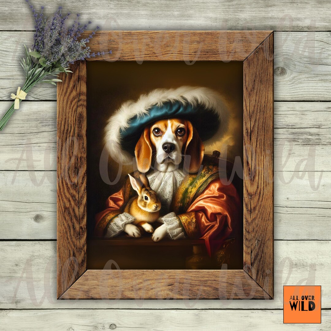 Beagle and Rabbit Portrait, Regal Dog & Hare Art Print, Whimsical ...
