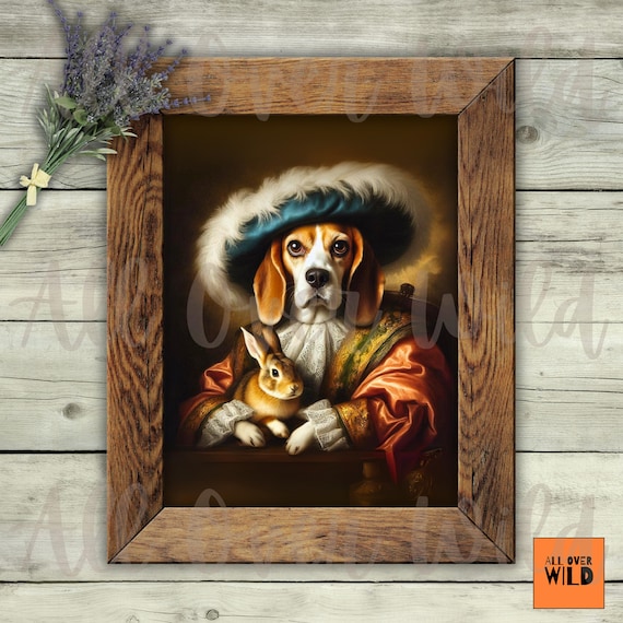 Renaissance Beagle and Rabbit Portrait: Regal Dog Art Giclée Print
