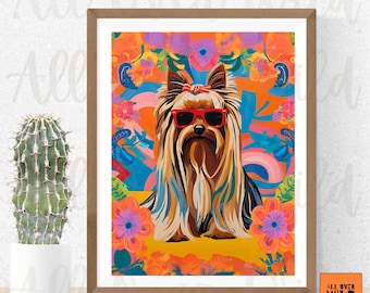 Yorkie Wall Art, Yorkshire Terrier Print, Yorkie Mom Gift, Colorful Floral Dog Poster, Whimsical Pet Decor, Cute Dog Art
