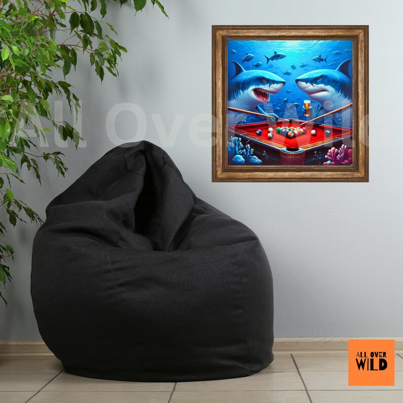 Pool Shark Poster, Great White Playing Billiards Print, Funny Game Room