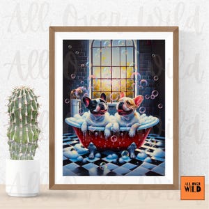 French Bulldog Bubble Bath Art Print: Whimsical Frenchie Bathroom Decor