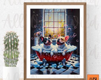 Funny French Bulldog Wall Art, Frenchie Bathroom Decor, Bubble Bath Dog Art Print, French Bulldog Gift
