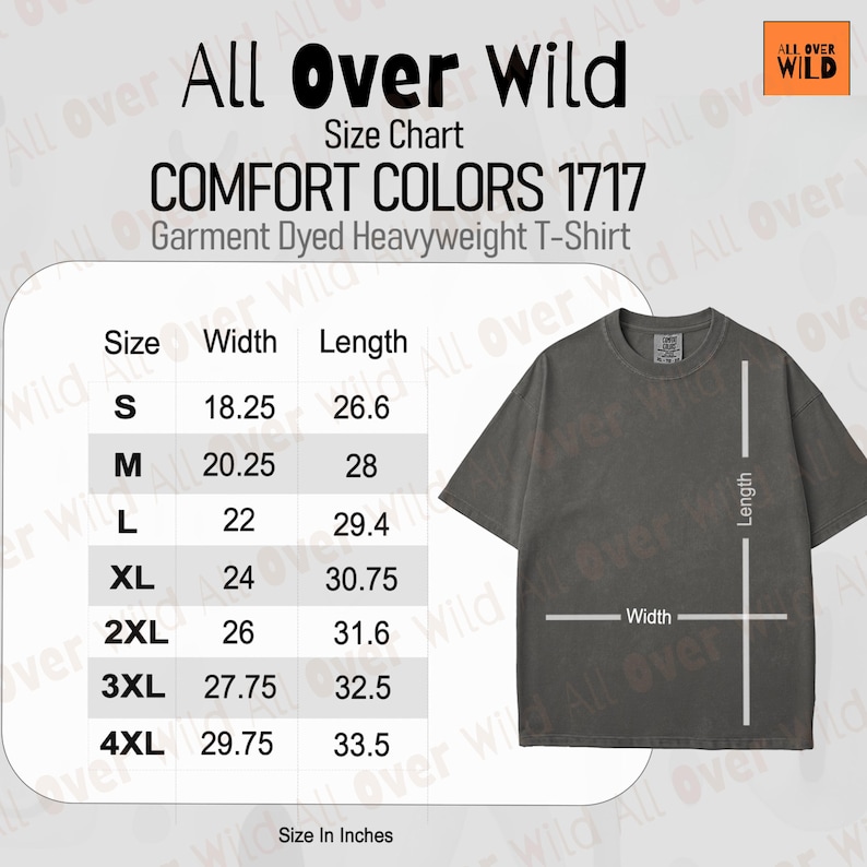 May include: A dark grey Comfort Colors 1717 heavyweight t-shirt with a size chart. The chart shows sizes S to 4XL, with width and length measurements in inches. The shirt has a crew neck and short sleeves.