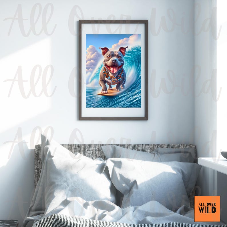 Pibble Riding Surfboard Surfing Pit Bull Wall Art, Pittie Beach House Decor, Pibble Dog Poster ...