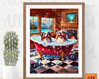 Australian Shepherd Bubble Bath Print, Aussie Bathroom Wall Art, Mountain Lodge Dog Poster, Funny Bathroom Decor, Dog Lover Gift