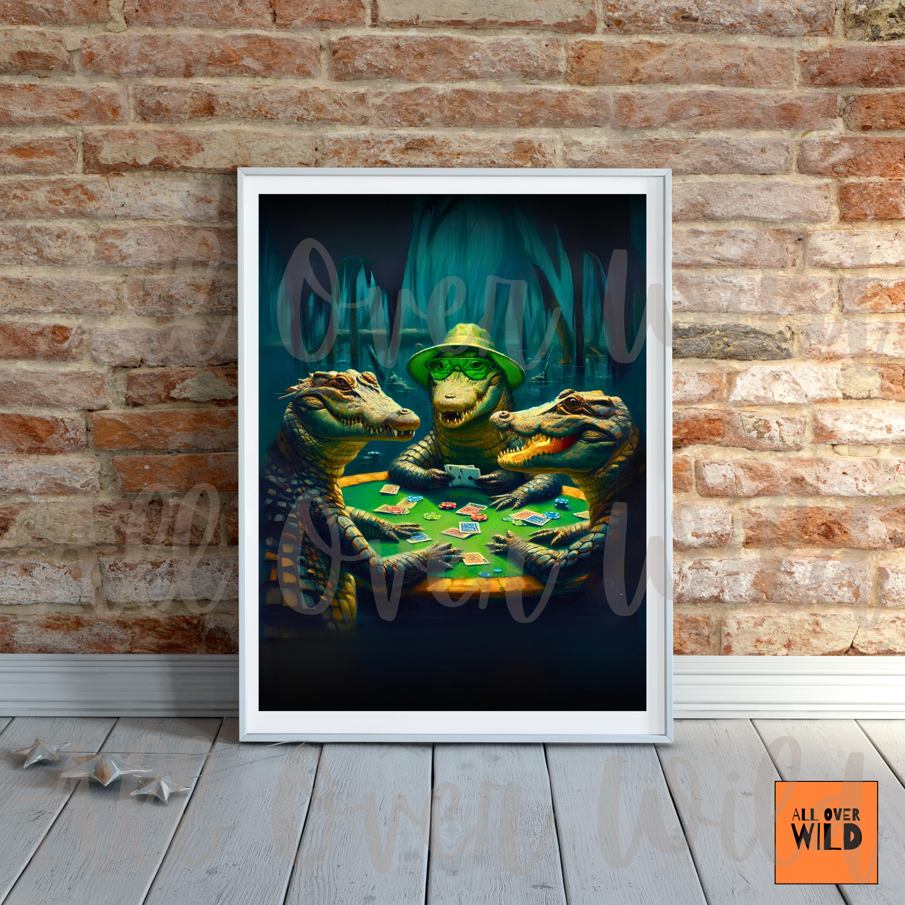 Alligator Poker Art Print, Funny Gator Wall Decor, Southern Bayou
