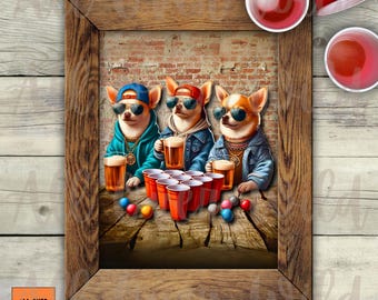 Póster de Beer Pong de Chihuahua, Arte mural divertido de perros, Decoración para juegos de beber, Lámina para dormitorio de fraternidad, Regalo para amantes de los perros Chihuahua, Arte mural para fiestas