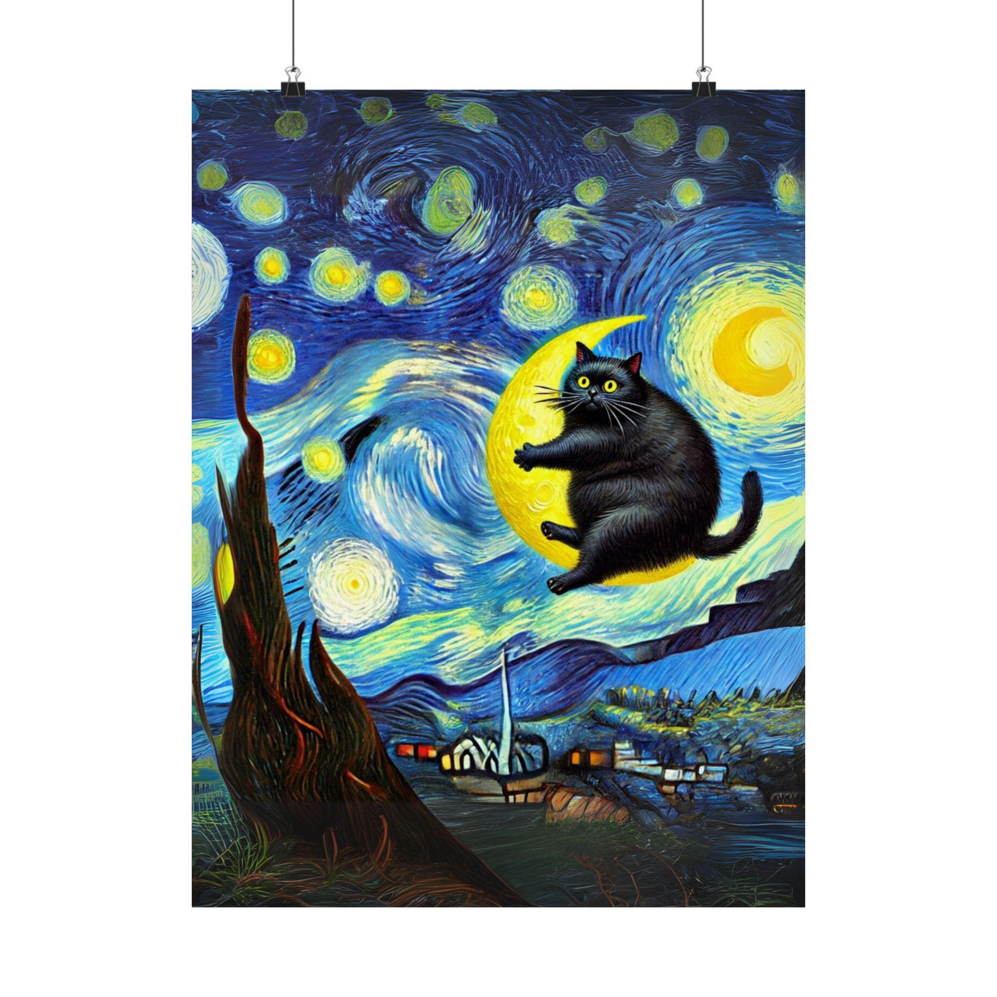 Starry Night Cat Art Print, Funny Cat Wall Decor, Van Gogh Parody 