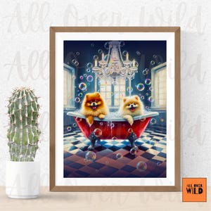Posh Pomeranian Bathroom Wall Art, Vintage Pom Dog Bubble Bath Print, Whimsical Pommy Bath Poster, Pom Home Decor, Pomeranian Lover Gift