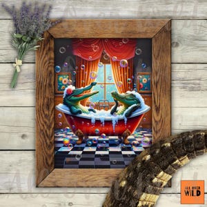 Swamp Life Alligator Art Print, Funny Bayou Gator Bathroom Wall Decor, Crocodile Clawfoot Tub Poster, Quirky Everglades Reptile Croc Artwork