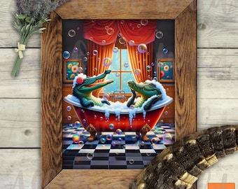Lámina de baño de burbujas con caimanes, divertida decoración de pared para baño con caimanes, póster de decoración de pantano, arte para bañera con patas, lámina para tocador.