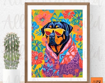 Impresión artística colorida de Rottweiler, arte mural de Rottweiler, decoración vibrante para perros, regalo para amantes de los perros, obra de arte de Rottweiler